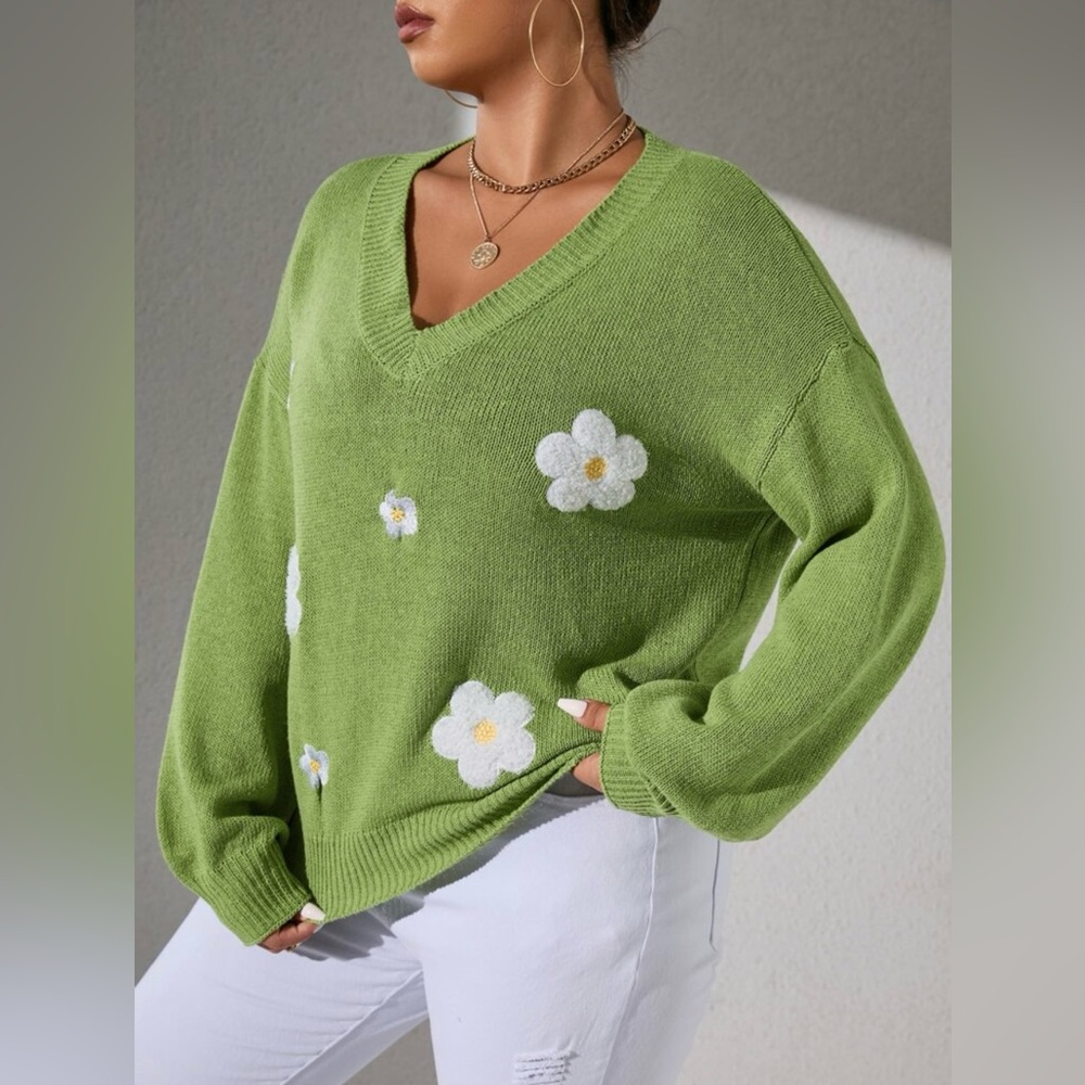 Shein Curve 3X Lime Green Daisy Embroidered V-Neck Sweater NWOT - Picture 5 of 11